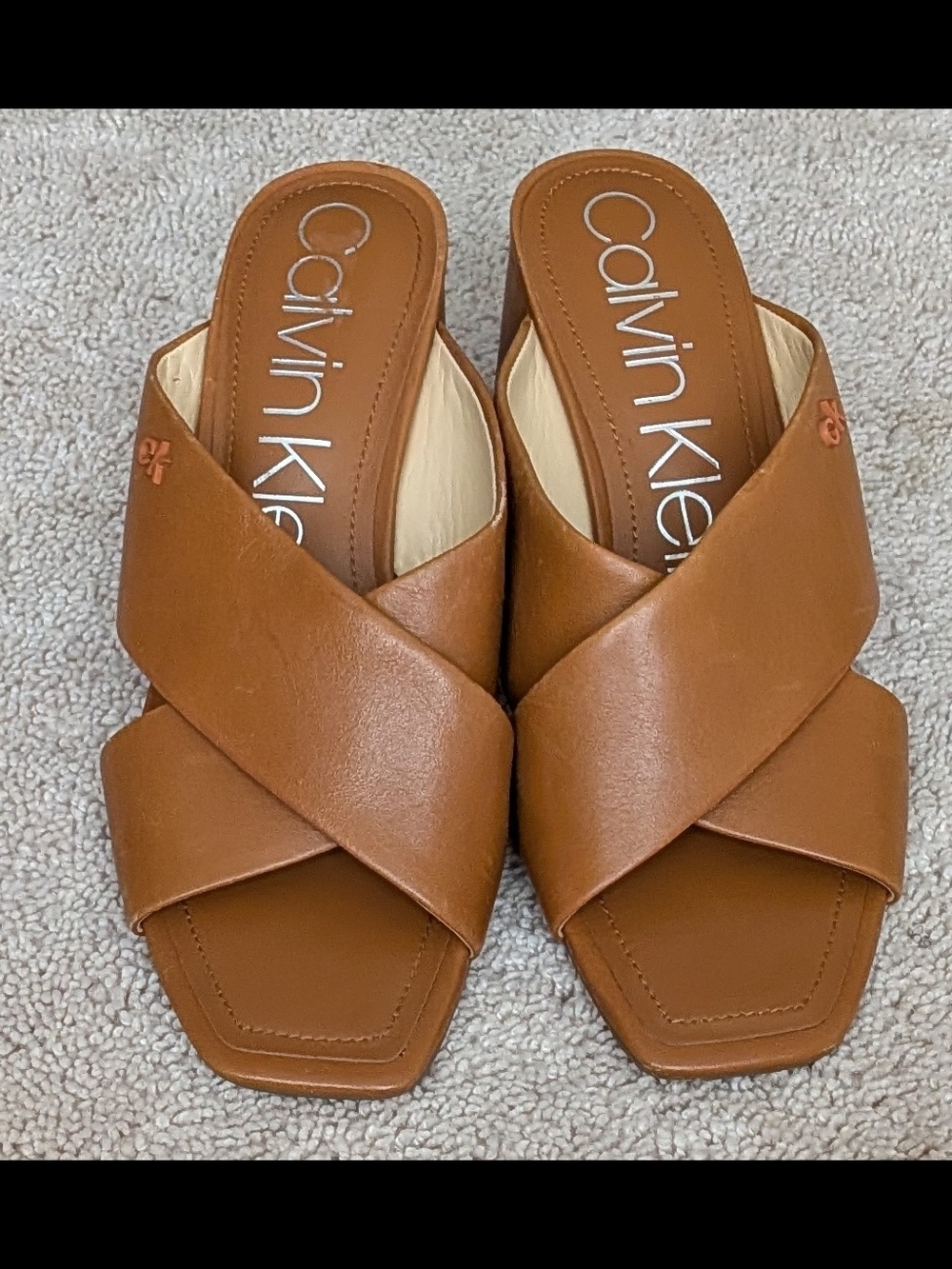 Calvin Klein Brown Leather Crisscross Mule Sandals. 10M Used Very Good Condition